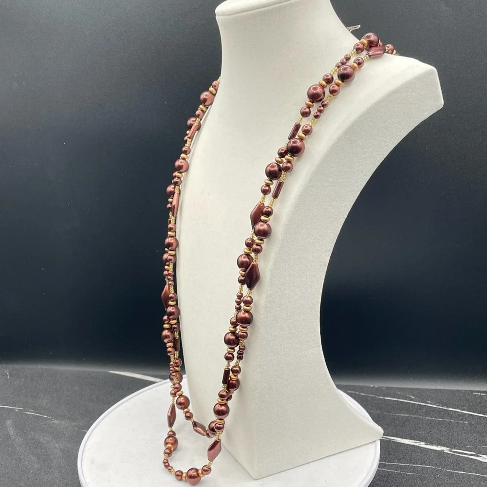Vintage Burgundy Cord Classic Pearl Double Strand Beaded‎ Lobster Long Necklace